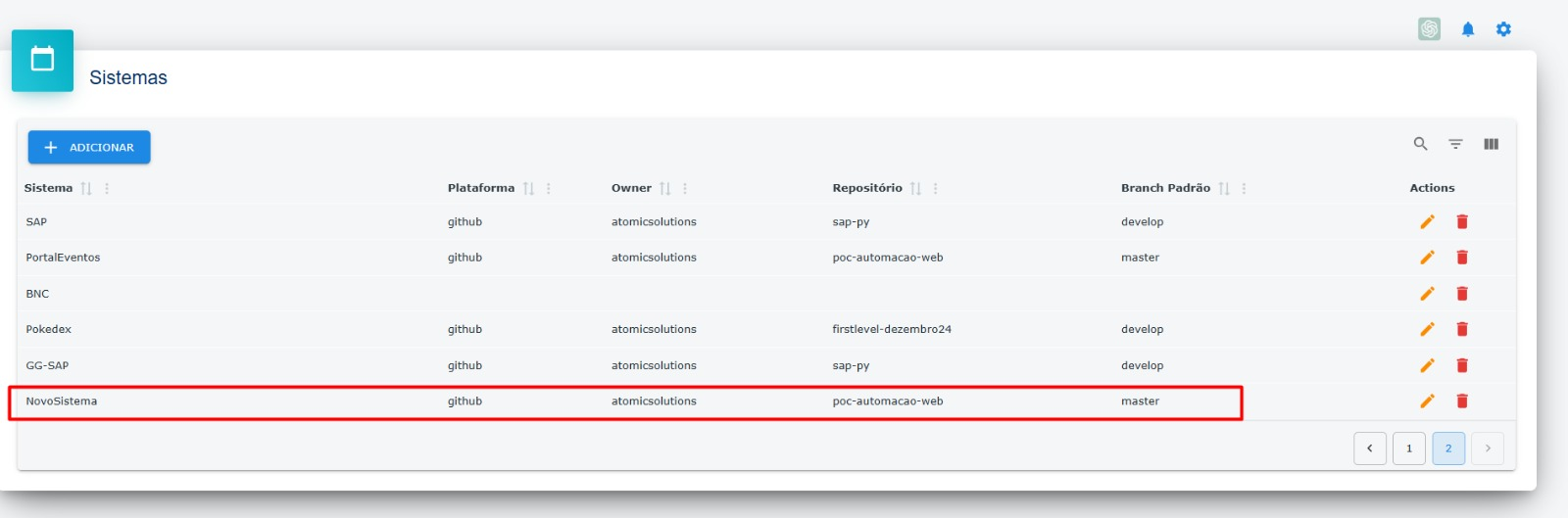 Sistema com repositório git associado