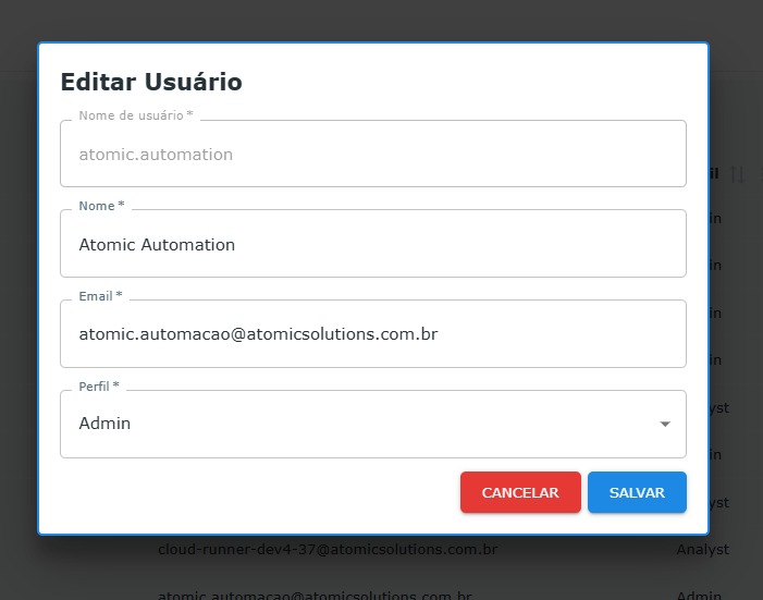 Lista de usuários - Destaque: Botão editar usuário
