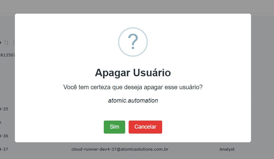 Modal para confirmação de exclusão do usuário