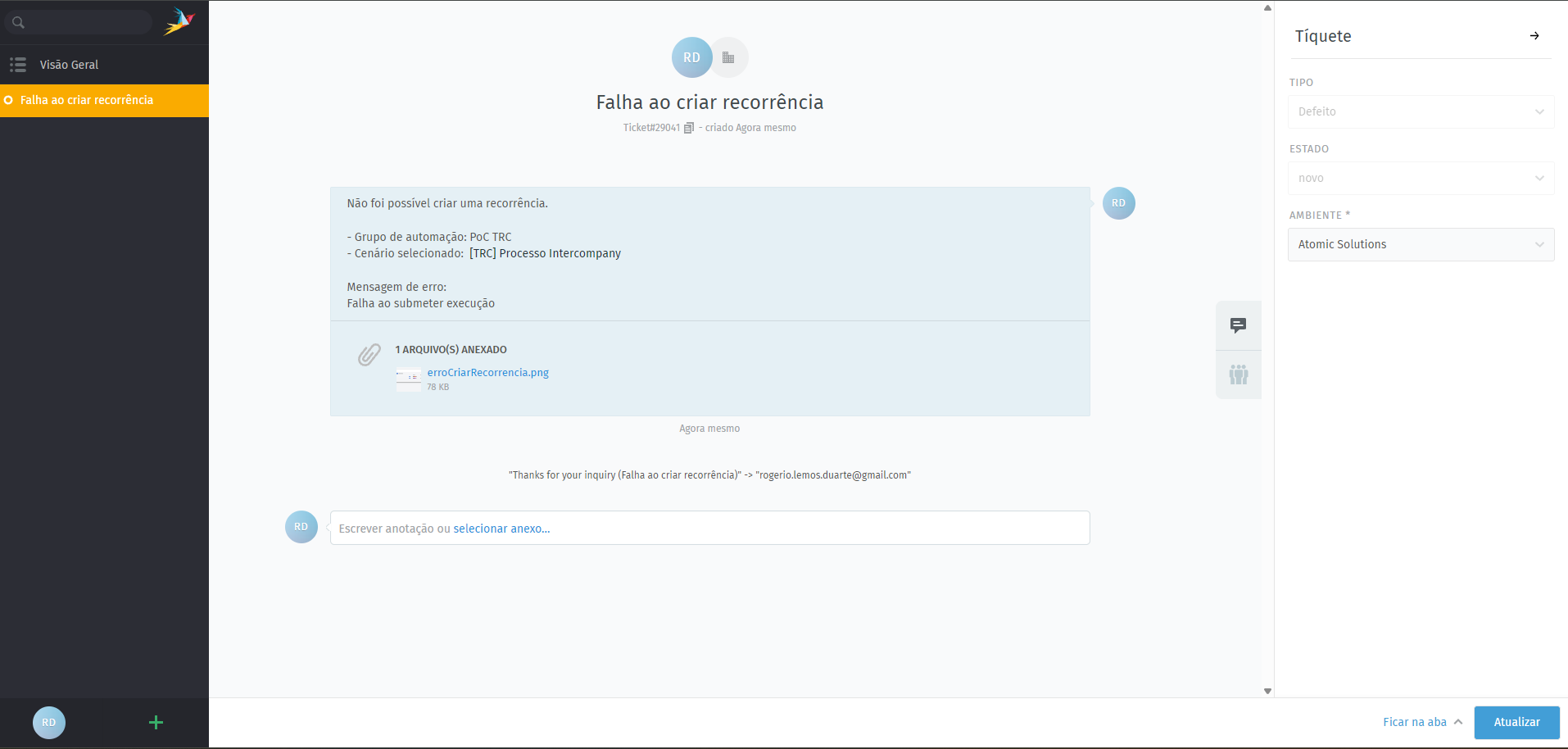 Chamado aberto com sucesso